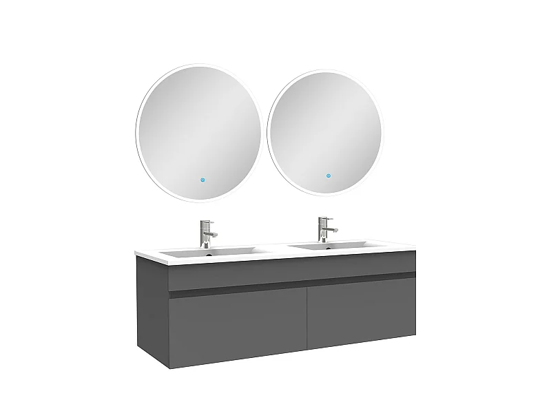 Ensemble meubles Salle de Bain double vasque 120cm + miroir rond lumineux Anthracite