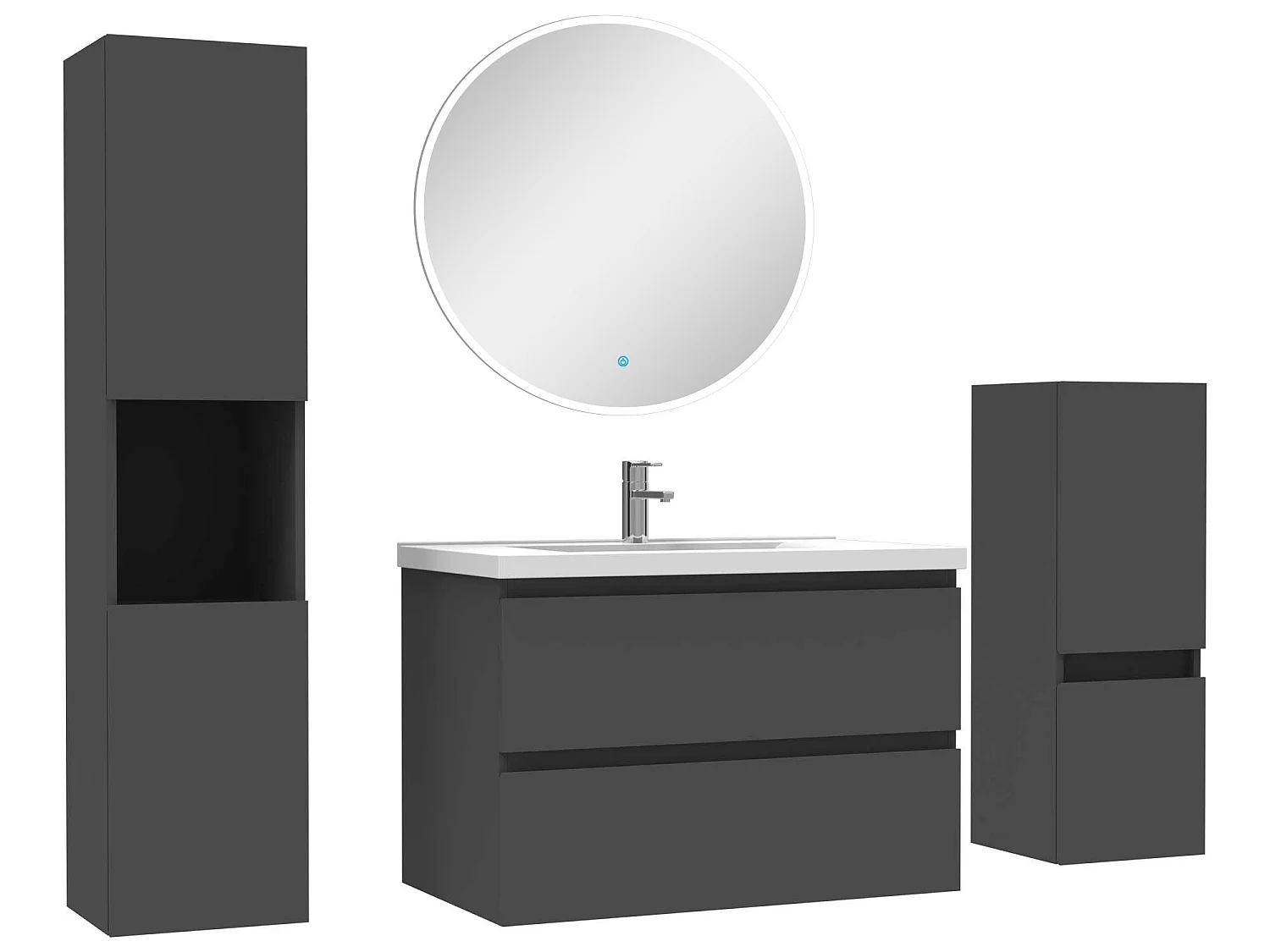 Ensemble meubles Salle de Bain 80cm simple vasque + colonne + miroir rond mural Anthracite