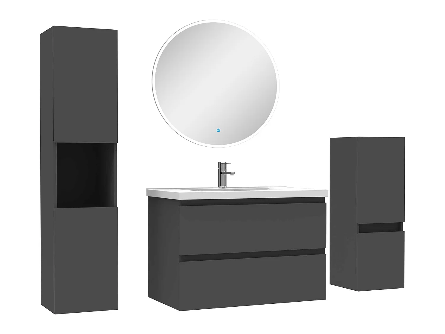 Ensemble meubles Salle de Bain 80cm simple vasque + colonne + miroir rond mural Anthracite