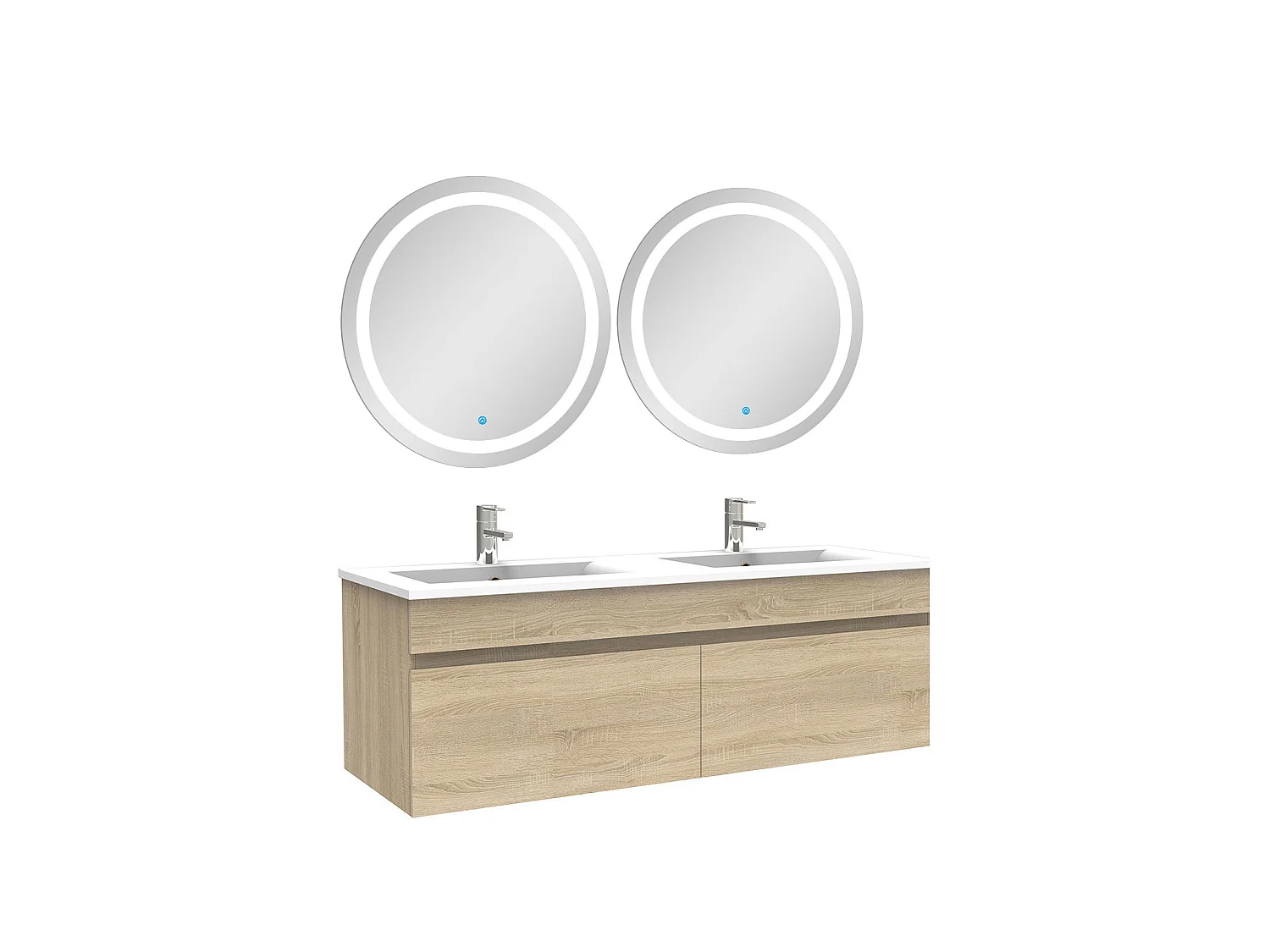 Ensemble meubles Salle de Bain double vasque 120cm + rond miroir lumineux Chêne Wotan