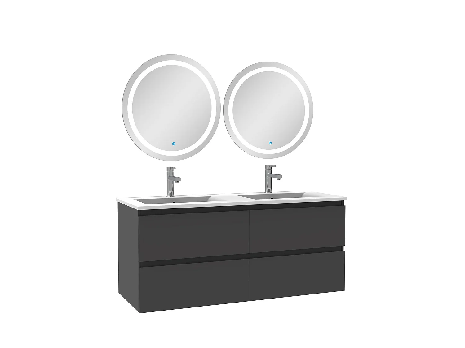 Ensemble meubles Salle de Bain 120cm double vasque et miroir lumineux rond Anthracite