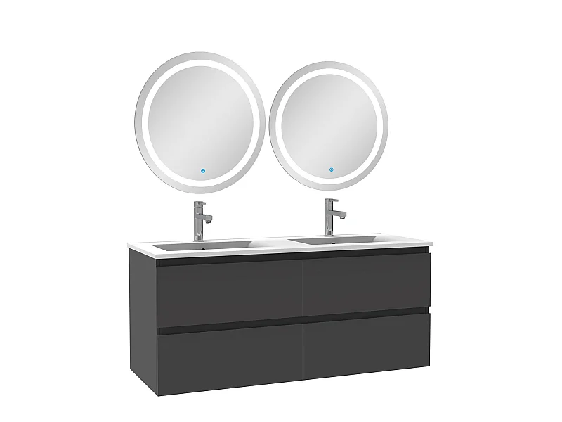 Ensemble meubles Salle de Bain 120cm double vasque et miroir lumineux rond Anthracite