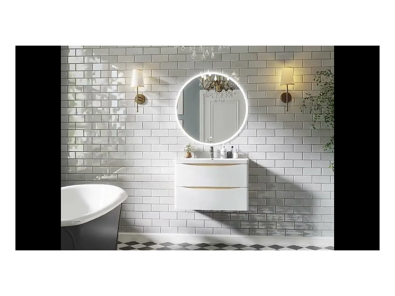 Ensemble meuble simple vasque 60cm avec miroir rond lumineux
