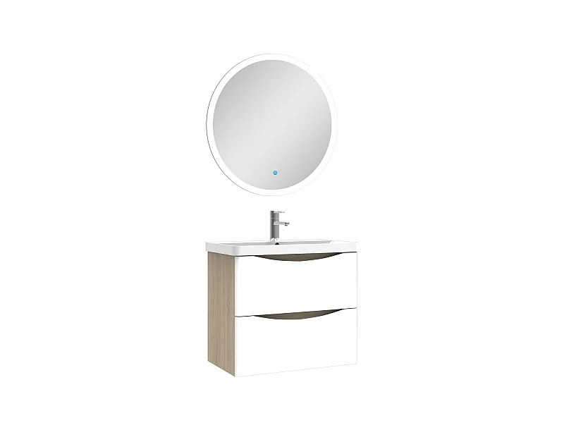 Ensemble meuble simple vasque 60cm avec miroir rond lumineux