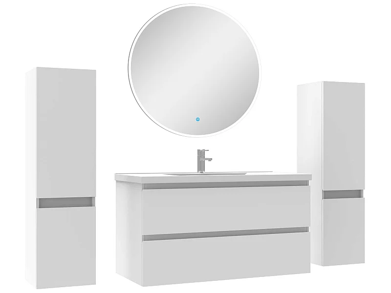 Ensemble meubles Salle de Bain avec colonne + miroir rond mural 100cm meuble blanc