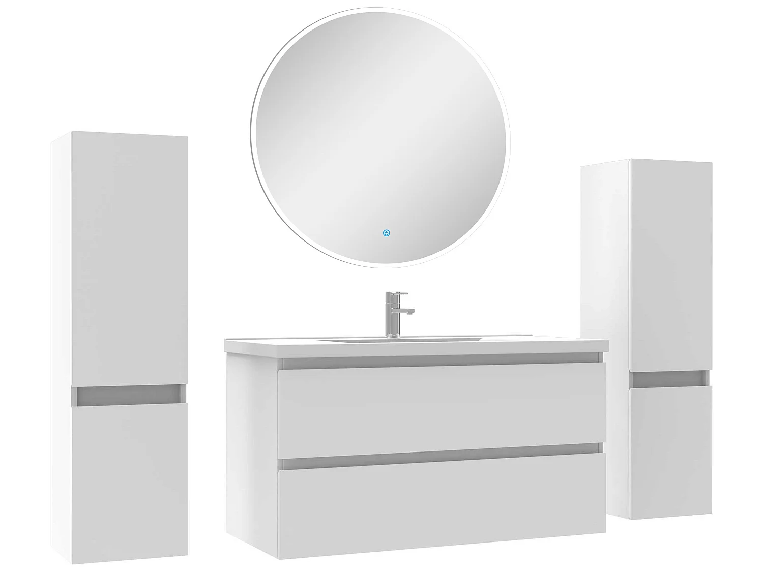 Ensemble meubles Salle de Bain avec colonne + miroir rond mural 100cm meuble blanc