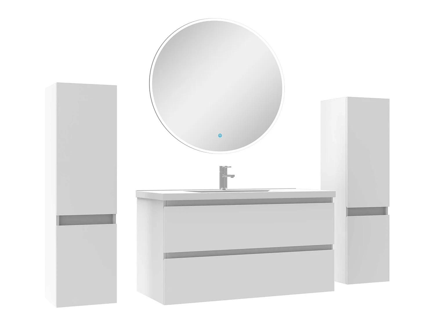 Ensemble meubles Salle de Bain avec colonne + miroir rond mural 100cm meuble blanc