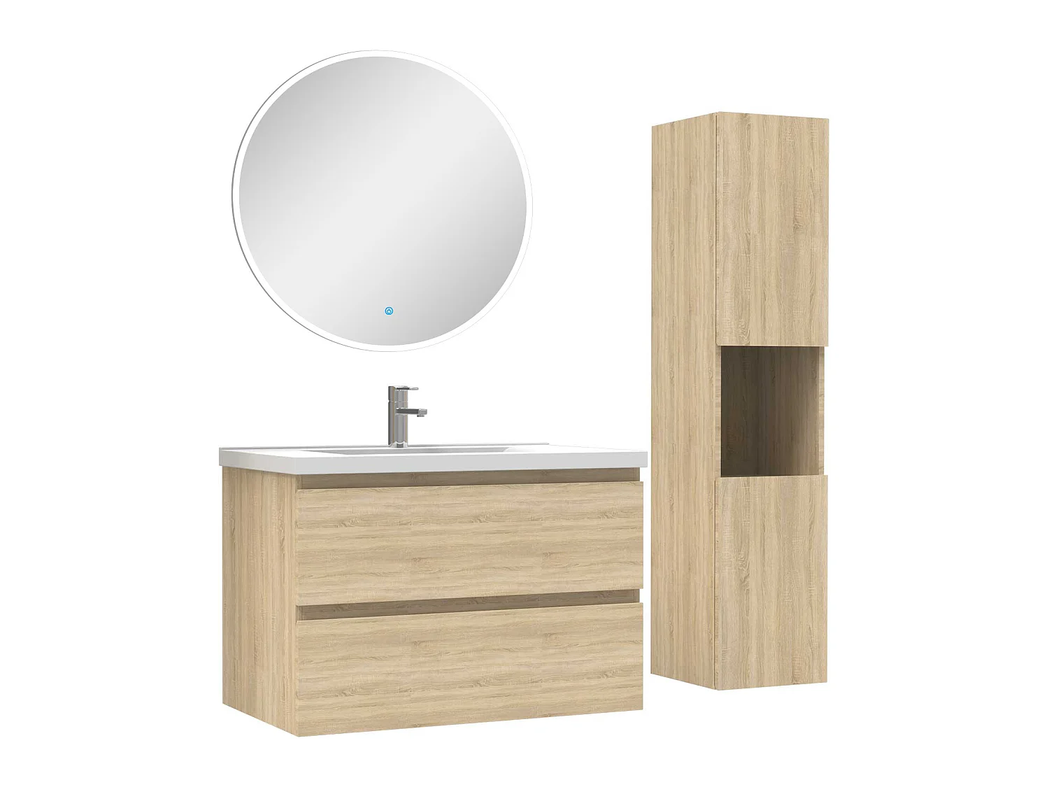 Ensemble meubles simple vasque 80cm,colonne + miroir rond lumineux Chêne Wotan
