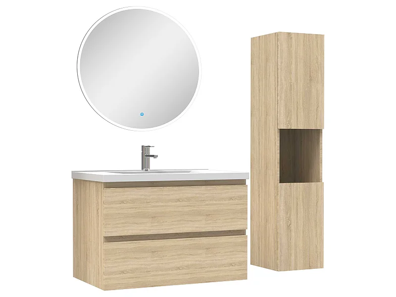 Ensemble meubles simple vasque 80cm,colonne + miroir rond lumineux Chêne Wotan