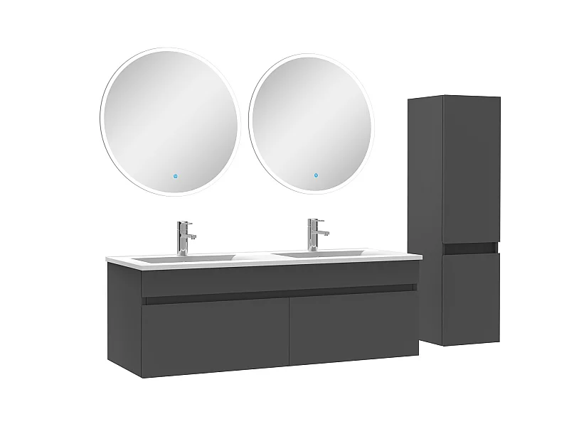Ensemble Salle De Bain double vasque avec colonne et miroir rond 120cm meuble Anthracite