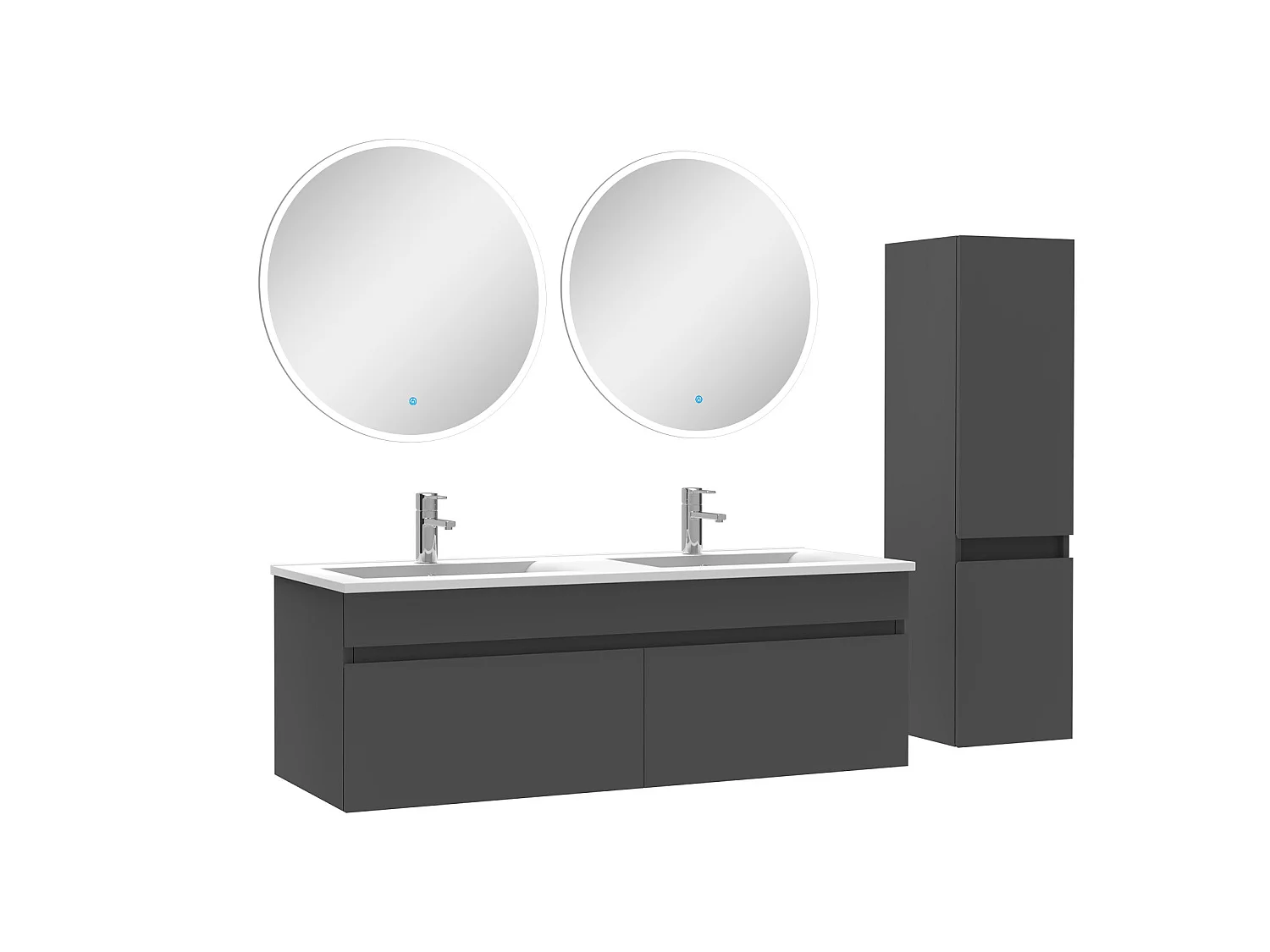 Ensemble Salle De Bain double vasque avec colonne et miroir rond 120cm meuble Anthracite