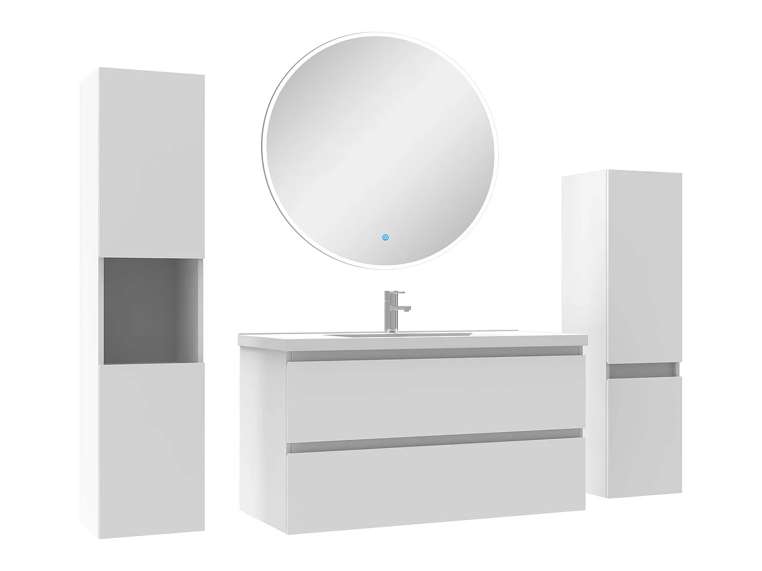 Ensemble meubles Salle de Bain 100cm vasque + colonne + miroir rond mural Blanc