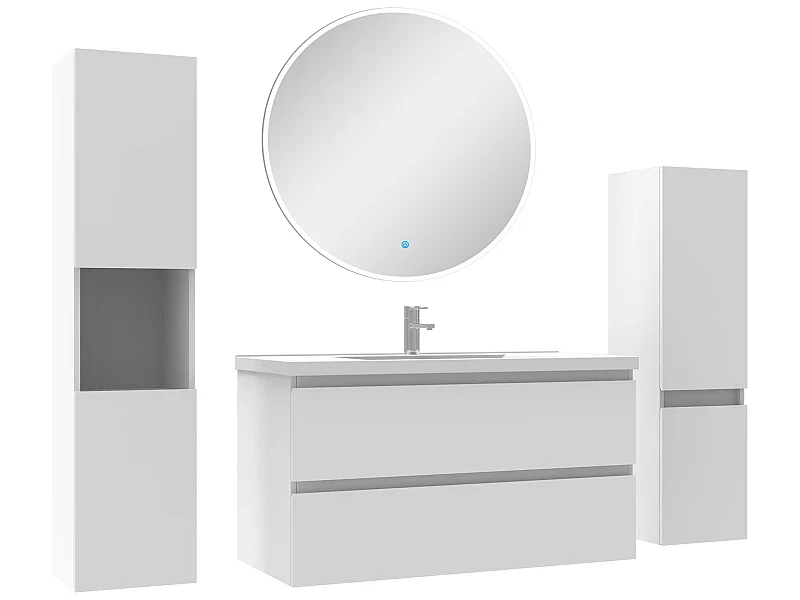 Ensemble meubles Salle de Bain 100cm vasque + colonne + miroir rond mural Blanc