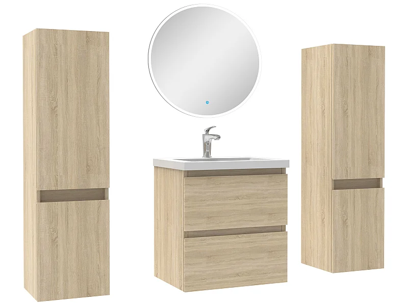 Ensemble meubles Salle de Bain avec colonne + miroir rond mural 50cm meuble Chêne Wotan