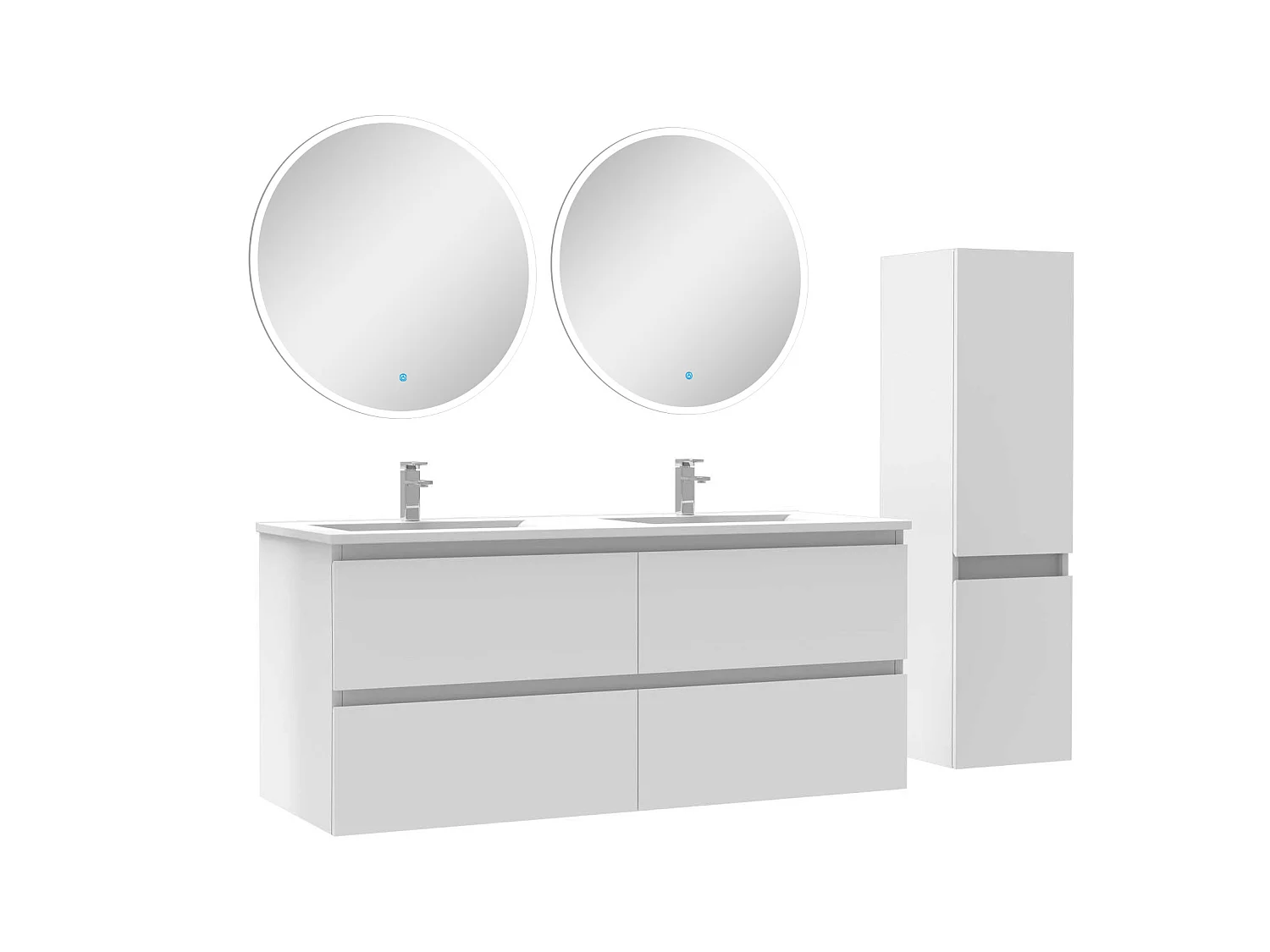 Ensemble meubles Salle de Bain 120cm vasque + colonne + miroir rond lumineux Blanc