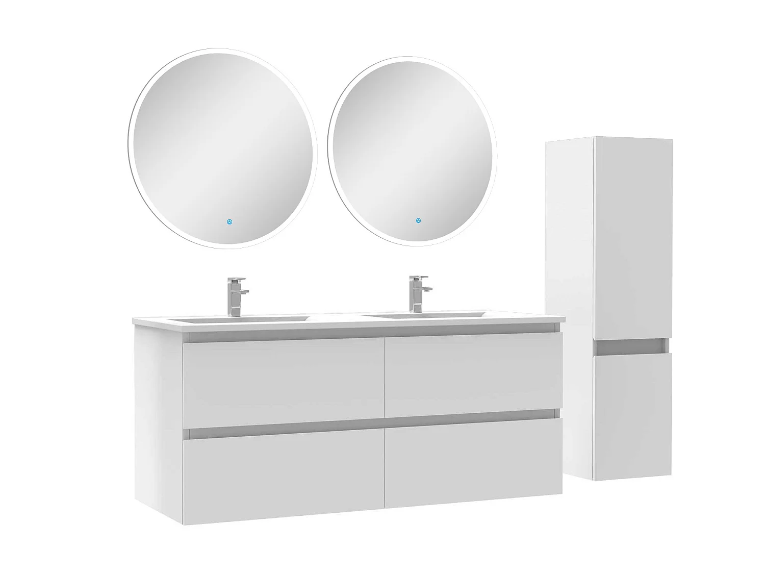 Ensemble meubles Salle de Bain 120cm vasque + colonne + miroir rond lumineux Blanc