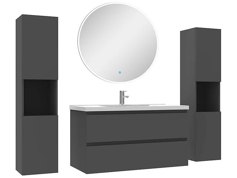 Ensemble meubles Salle de Bain avec colonne et miroir rond mural 100cm meuble Anthracite
