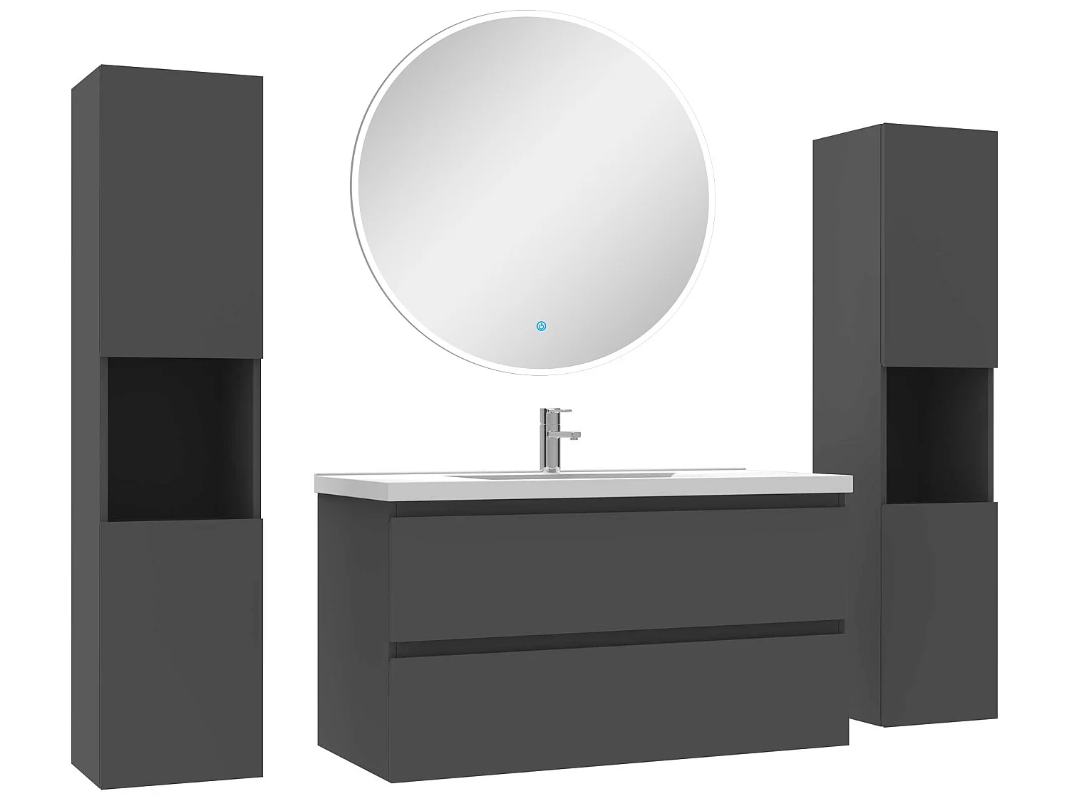 Ensemble meubles Salle de Bain avec colonne et miroir rond mural 100cm meuble Anthracite