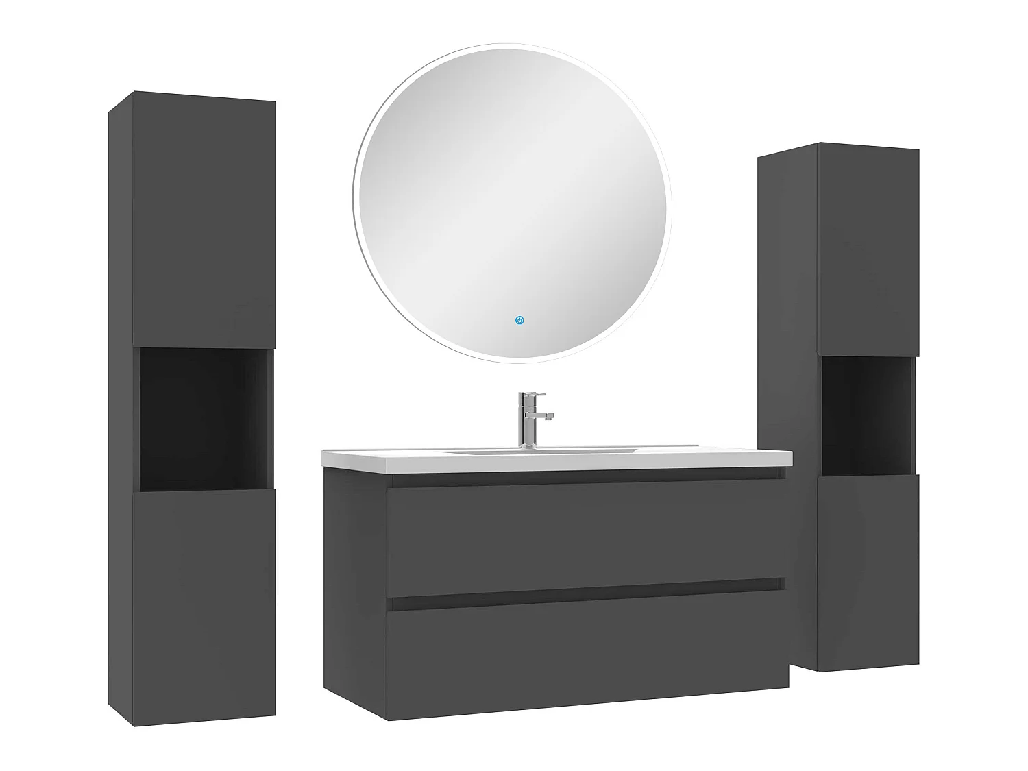 Ensemble meubles Salle de Bain avec colonne et miroir rond mural 100cm meuble Anthracite