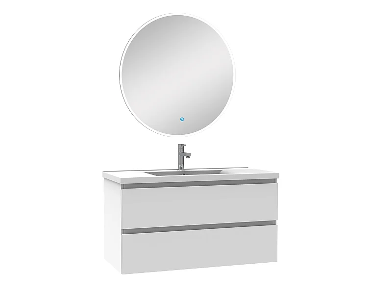Ensemble meubles Salle de Bain Blanc 100cm simple vasque + miroir lumineux rond