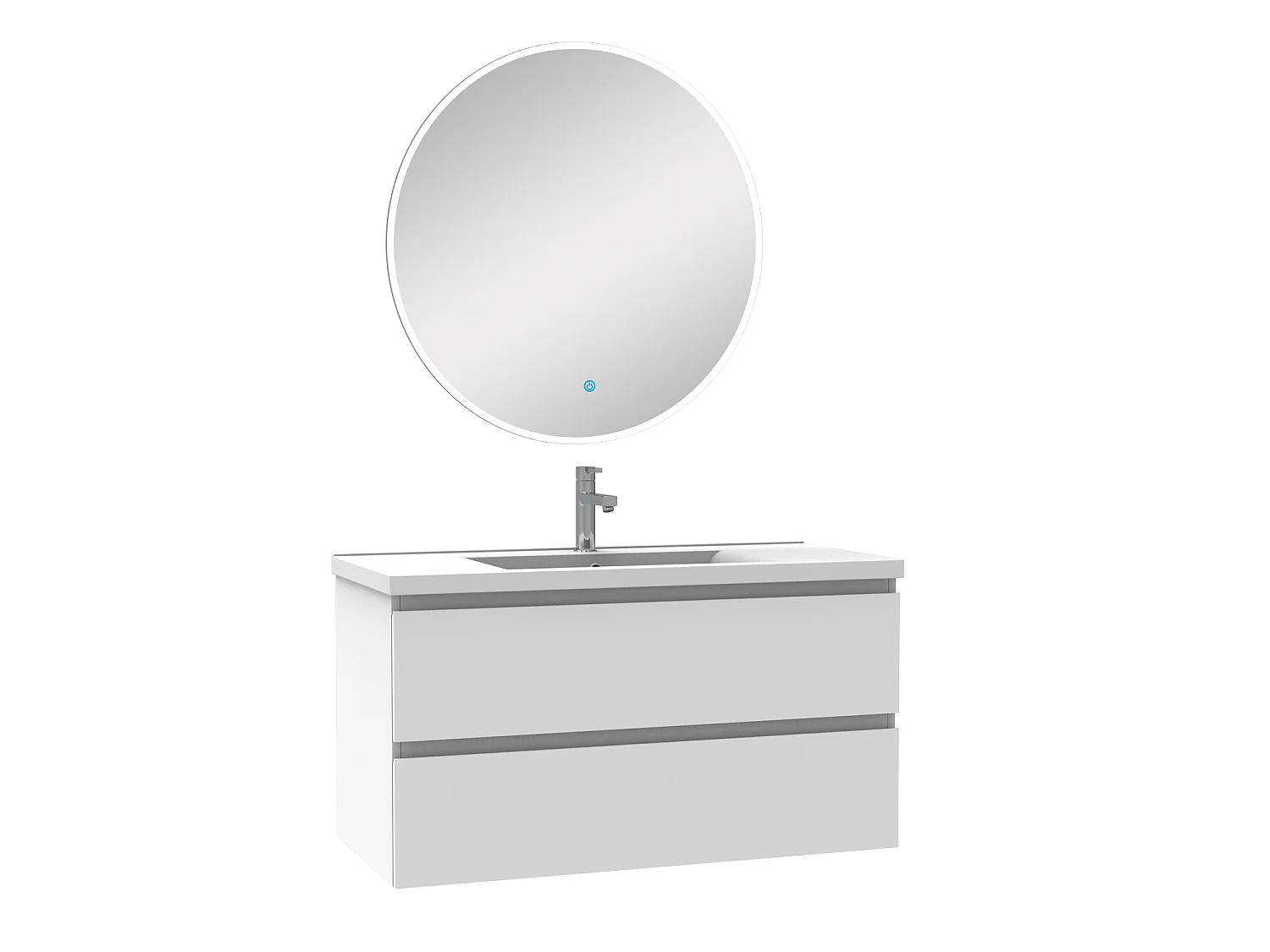 Ensemble meubles Salle de Bain Blanc 100cm simple vasque + miroir lumineux rond