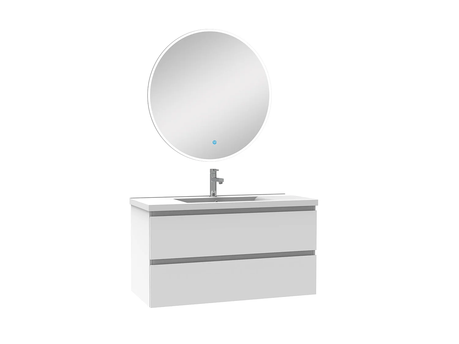 Ensemble meubles Salle de Bain Blanc 100cm simple vasque + miroir lumineux rond