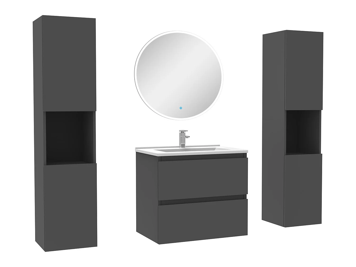 Ensemble meubles Salle de Bain avec colonne et miroir rond mural 60cm meuble Anthracite