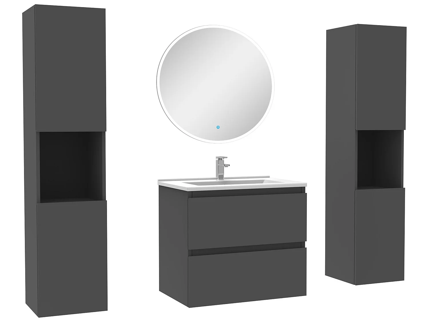 Ensemble meubles Salle de Bain avec colonne et miroir rond mural 60cm meuble Anthracite