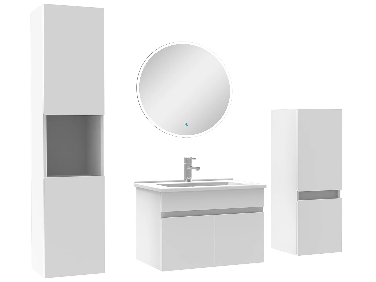Meubles simple vasque 60cm,meuble acve colonne et miroir rond Blanc