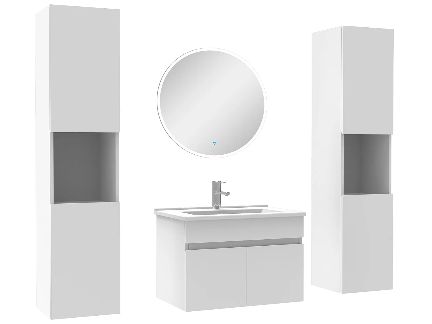 Ensemble meubles Salle de Bain simple vasque 60cm, colonnex2 et miroir rond Blanc