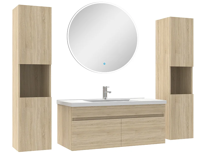 Ensemble meubles Salle de Bain simple vasque 100cm, colonnex2 et miroir rond Chêne Wotan