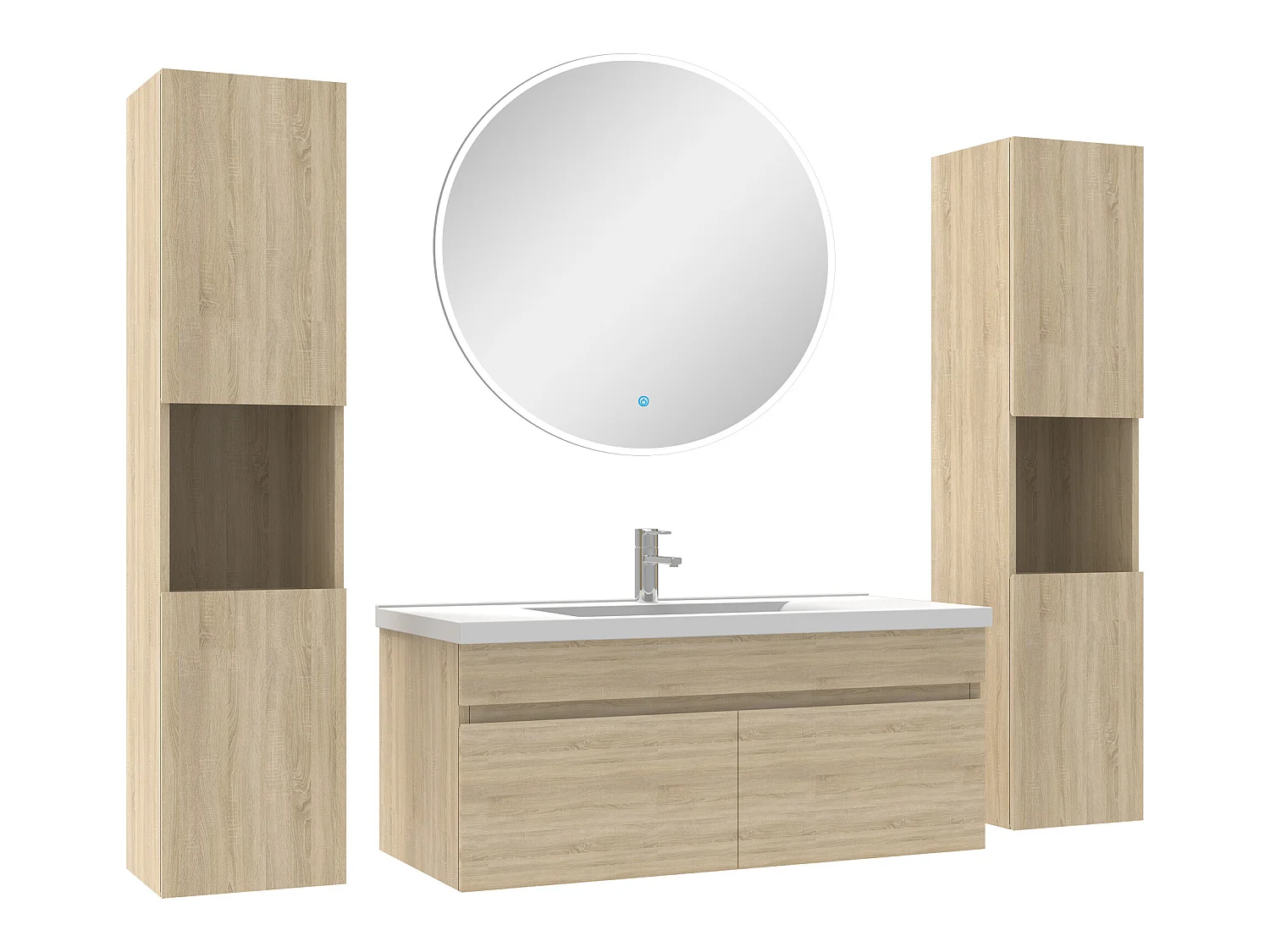 Ensemble meubles Salle de Bain simple vasque 100cm, colonnex2 et miroir rond Chêne Wotan