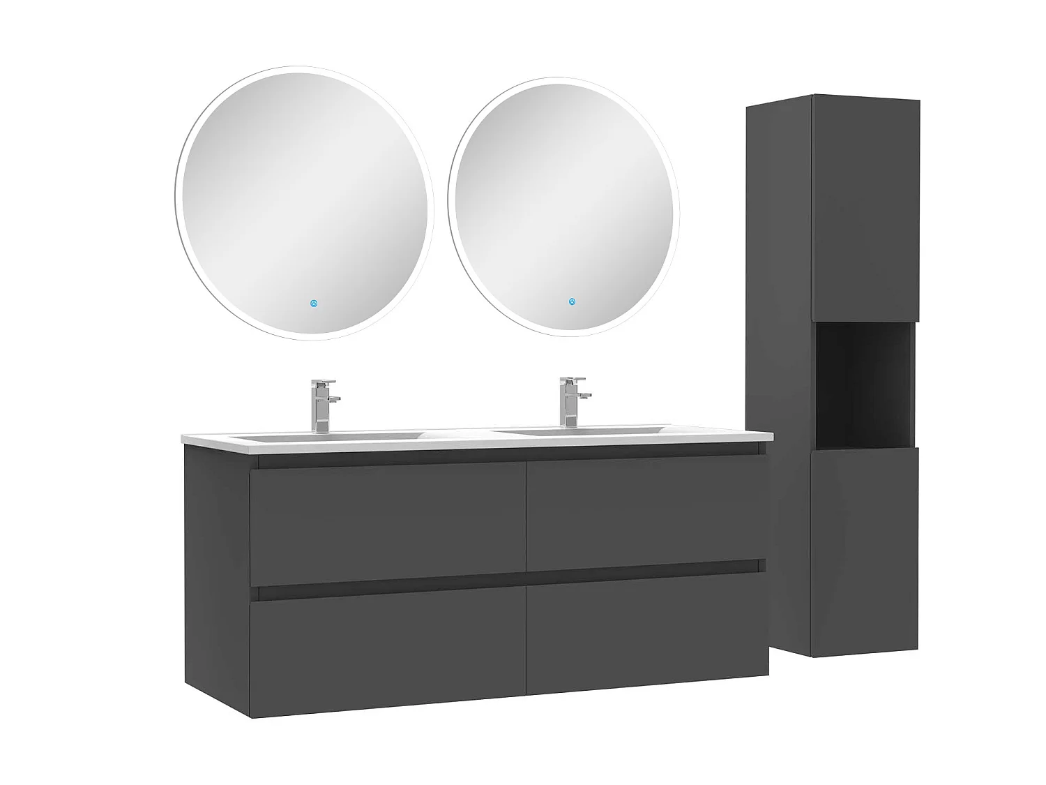 Ensemble meubles double vasque 120cm,colonne + miroir rond lumineux Anthracite