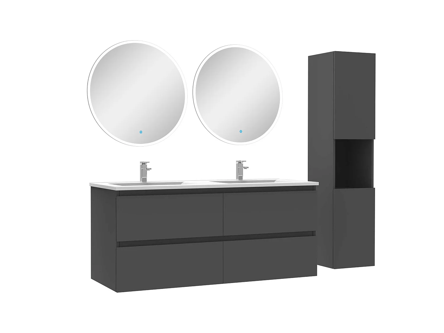 Ensemble meubles double vasque 120cm,colonne + miroir rond lumineux Anthracite