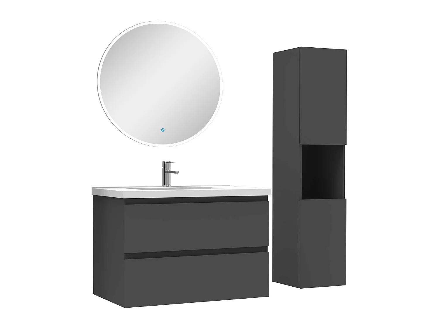 Ensemble meubles simple vasque 80cm,colonne + miroir rond lumineux Anthracite
