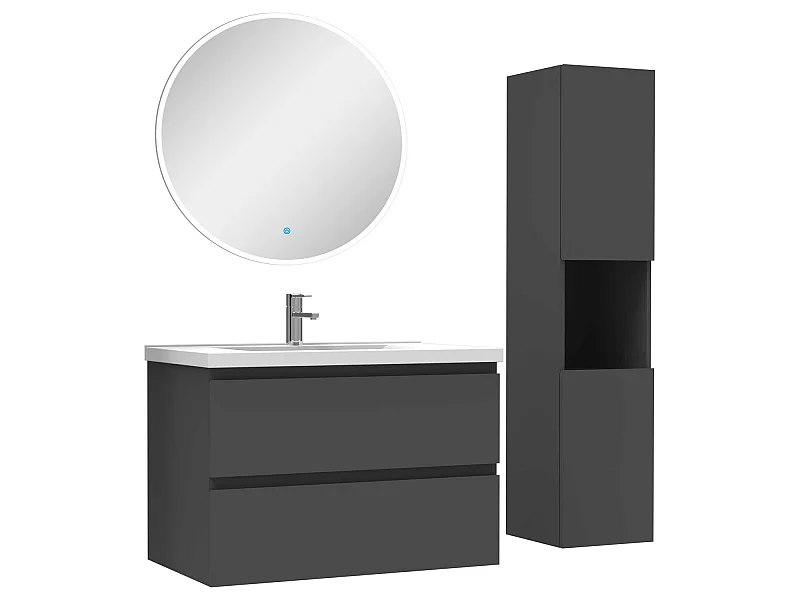 Ensemble meubles simple vasque 80cm,colonne + miroir rond lumineux Anthracite
