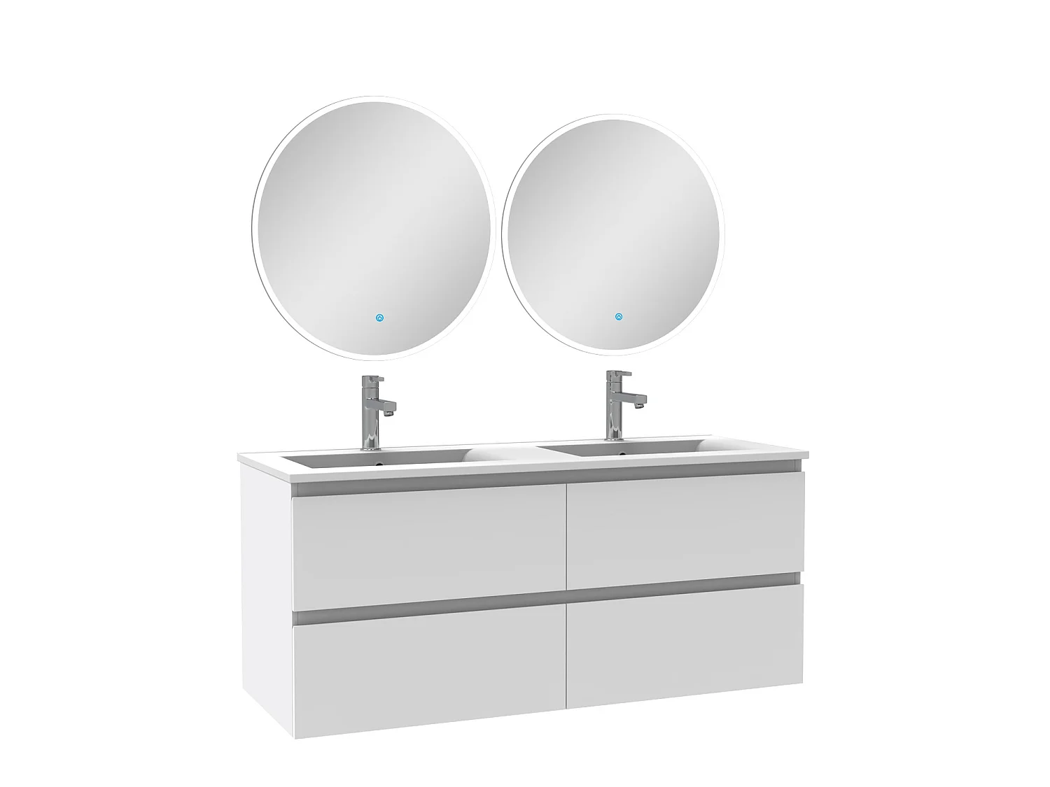 Ensemble meubles Salle de Bain Blanc 120cm double vasque + miroir lumineux rond