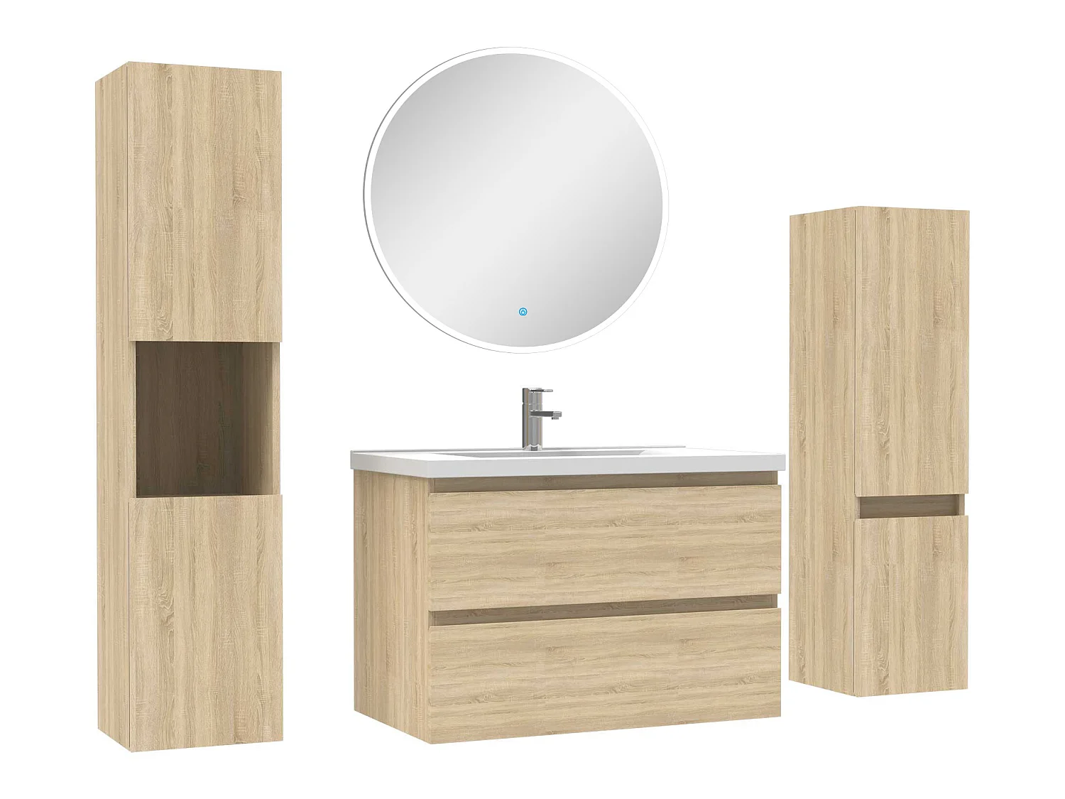 Ensemble meubles Salle de Bain 80cm vasque + colonne + miroir rond mural Chêne Wotan