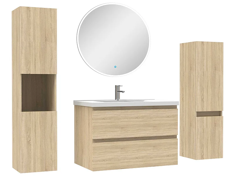 Ensemble meubles Salle de Bain 80cm vasque + colonne + miroir rond mural Chêne Wotan