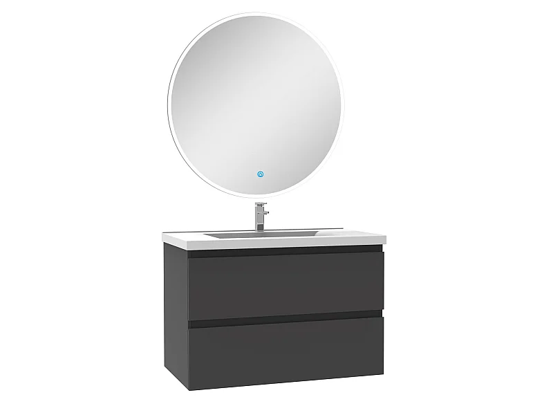 Ensemble meuble Salle de Bain 80cm Anthracite simple vasque + miroir lumineux rond
