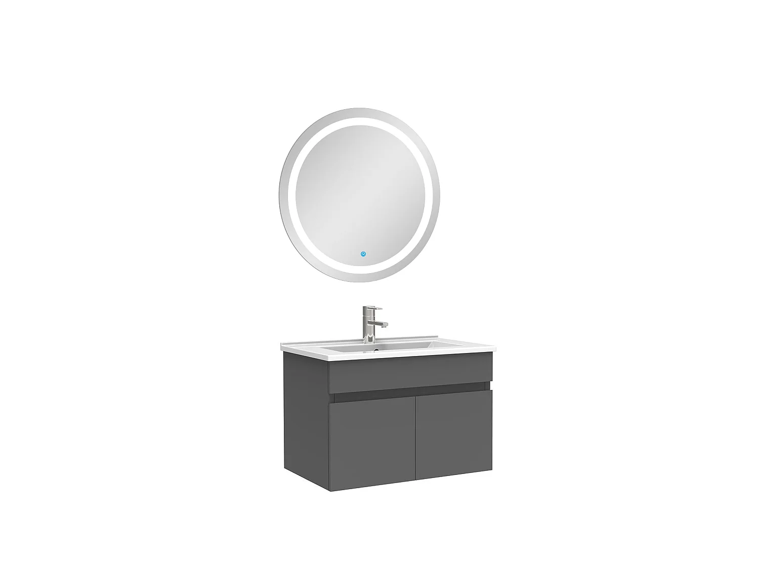 Ensemble meubles Salle de Bain simple vasque 60cm + rond miroir lumineux Anthracite