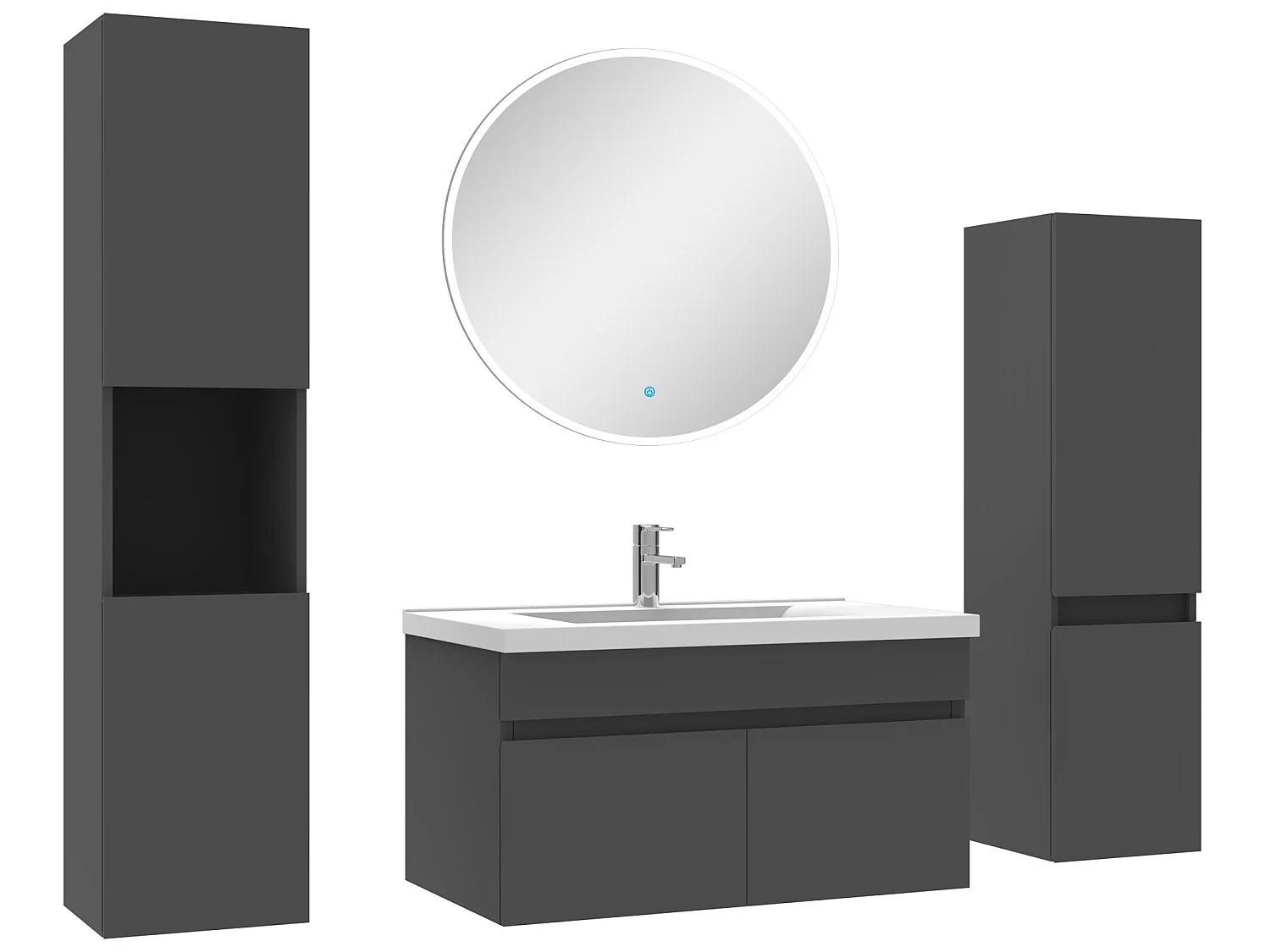Meuble Salle de Bain Anthracite 80cm simple vasque + colonne + miroir rond LED