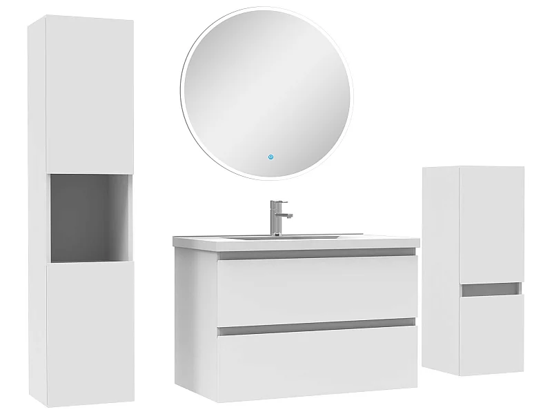 Ensemble meubles Salle de Bain 80cm simple vasque + colonne + miroir rond mural Blanc
