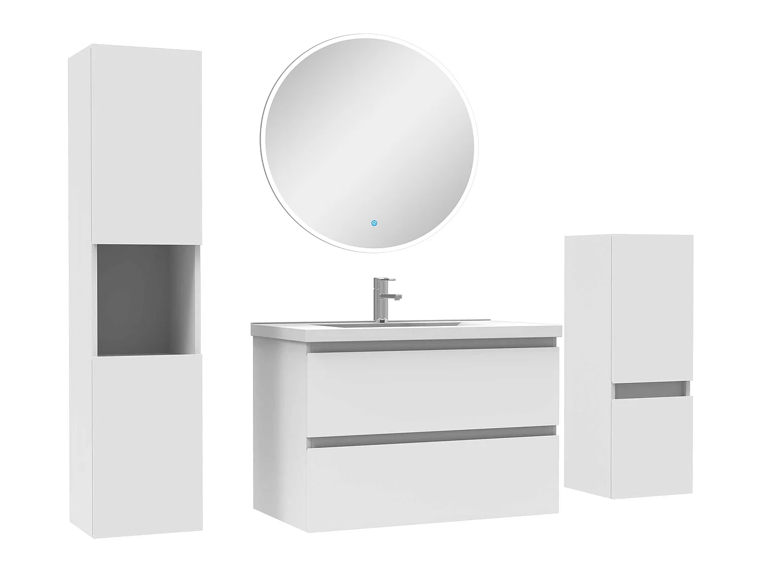 Ensemble meubles Salle de Bain 80cm simple vasque + colonne + miroir rond mural Blanc