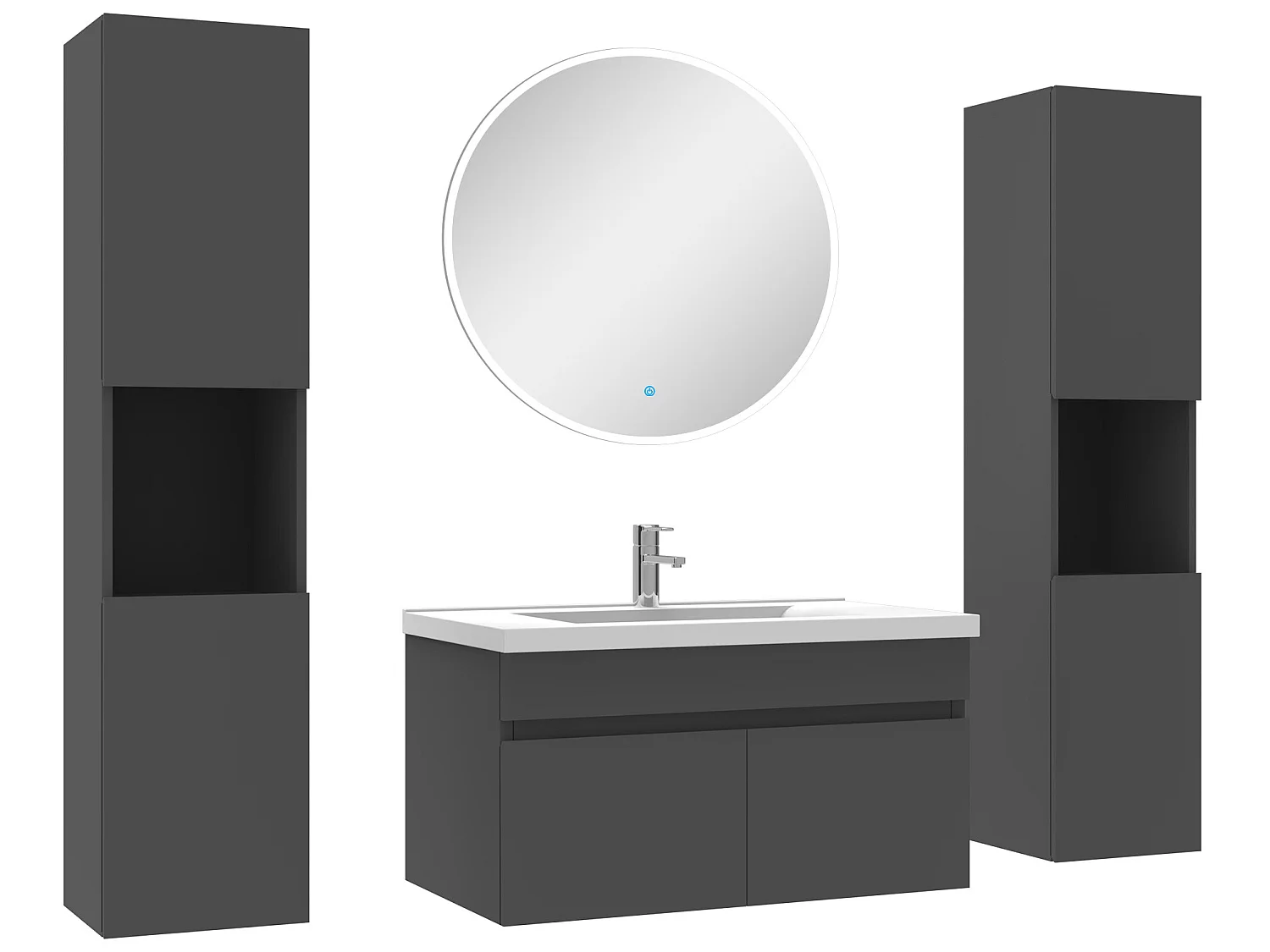 Ensemble meubles Salle de Bain simple vasque 80cm, colonnex2 et miroir rond Anthracite
