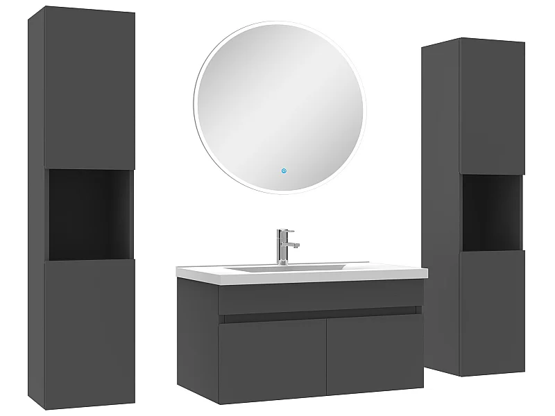 Ensemble meubles Salle de Bain simple vasque 80cm, colonnex2 et miroir rond Anthracite
