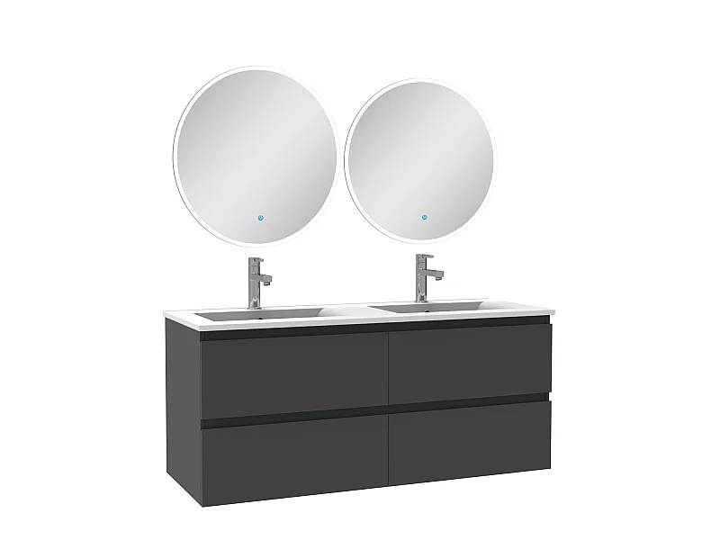 Ensemble meubles Salle de Bain Anthracite 120cm double vasque + miroir lumineux rond