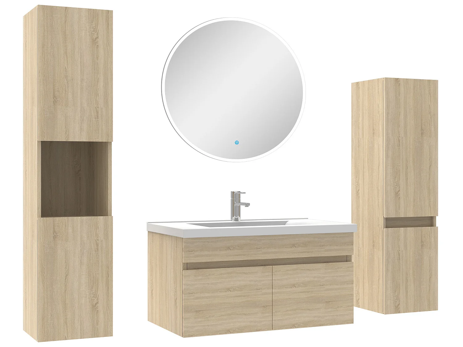 Meuble Salle de Bain Chêne Wotan 80cm simple vasque + colonne + miroir rond LED