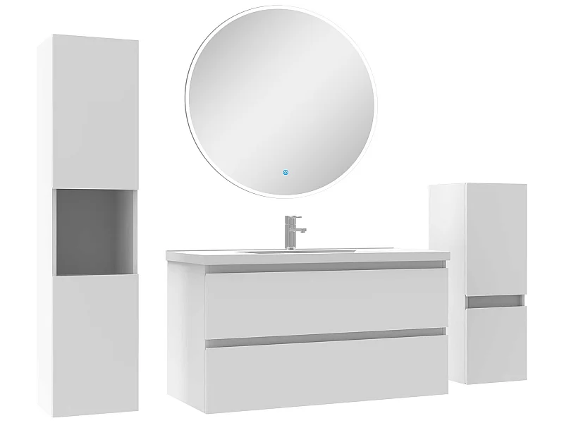 Ensemble meubles Salle de Bain 100cm simple vasque + colonne + miroir rond mural Blanc