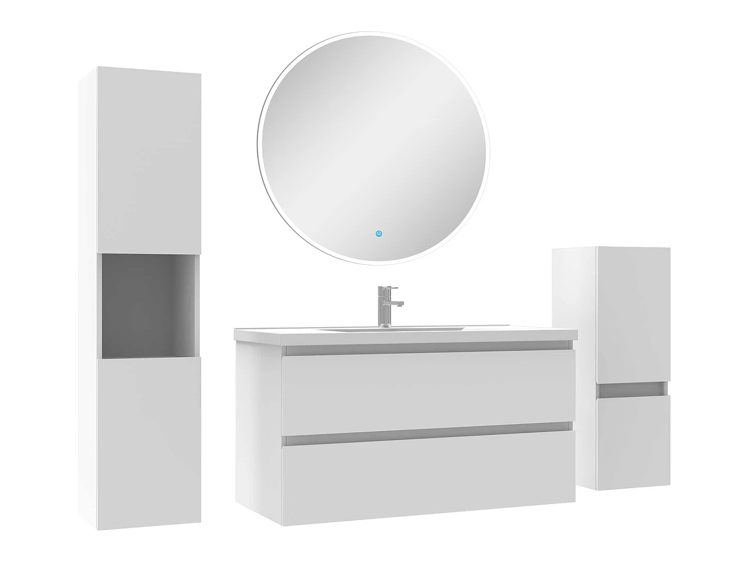 Ensemble meubles Salle de Bain 100cm simple vasque + colonne + miroir rond mural Blanc